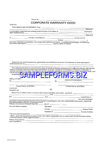 Indiana Corporate Warranty Deed pdf free